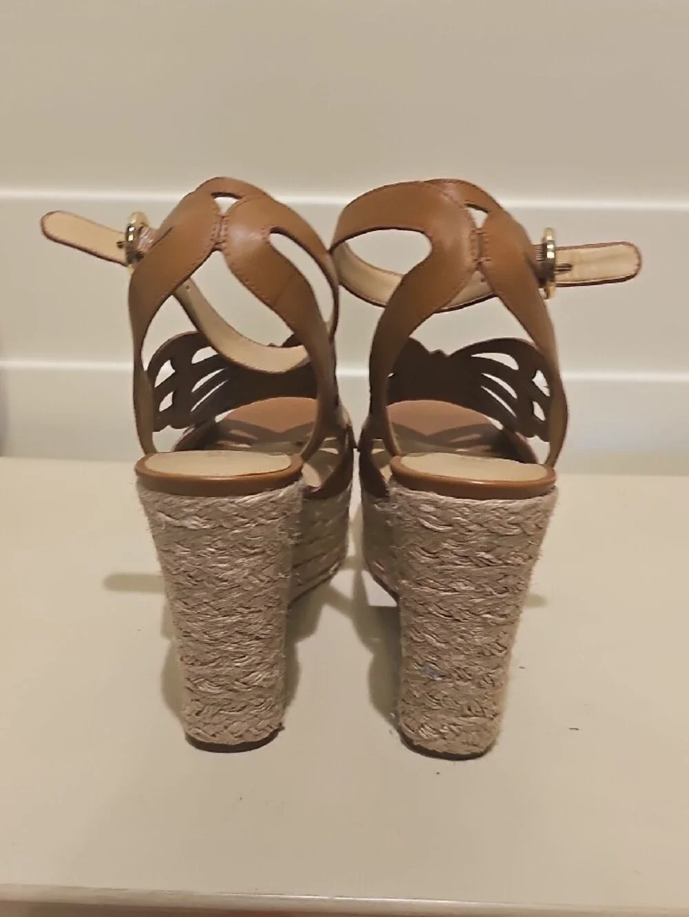 New Michael Kors Tan Cutout Leather Platform Espadrille Sandals